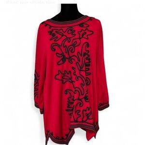 LAUREN MICHELLE Red Asimetrical Top Black Embroidered Boho Vibe 3/4 Sleeves XL